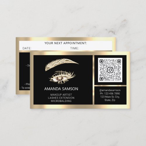 Eyelash Microblade QR CODE Aftercare Black Gold Business Card