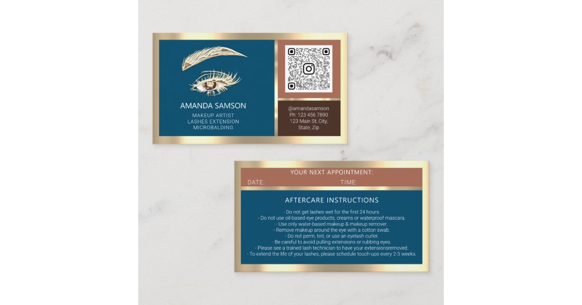 Eyelash Microblade QR CODE Aftercare Rose Logo Blu Business Card | Zazzle