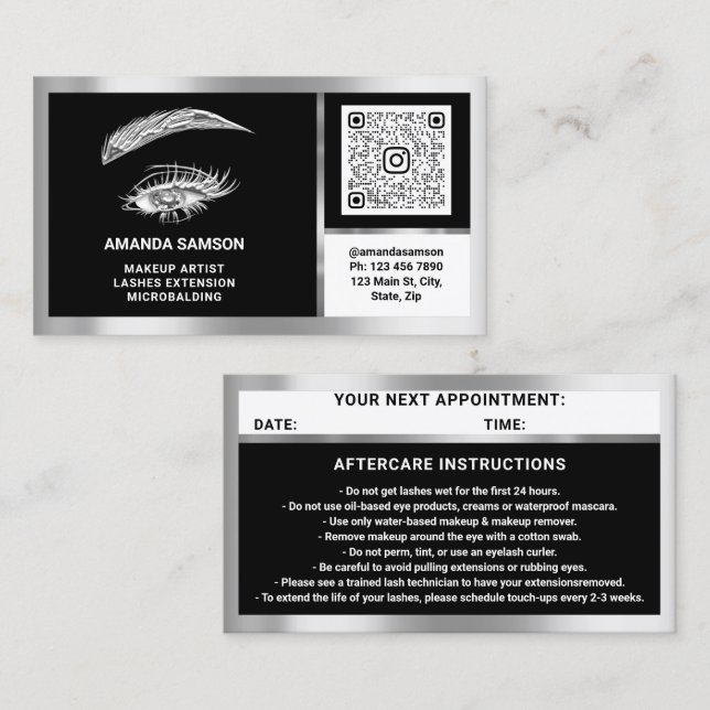 Eyelash Microblade QRCODE Aftercare BlackWhiteGray Business Card (Front/Back)