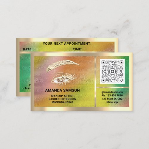 Eyelash Microblade QRCODE Aftercare Gold Holograph Business Card