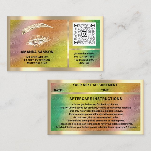 Eyelash Microblade QRCODE Aftercare Gold Holograph Business Card (Front/Back)