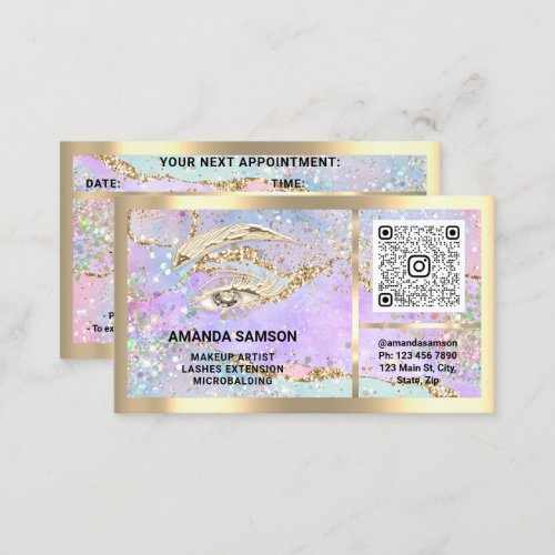 Eyelash Microblade QRCODE Aftercare Gold Holograph Business Card