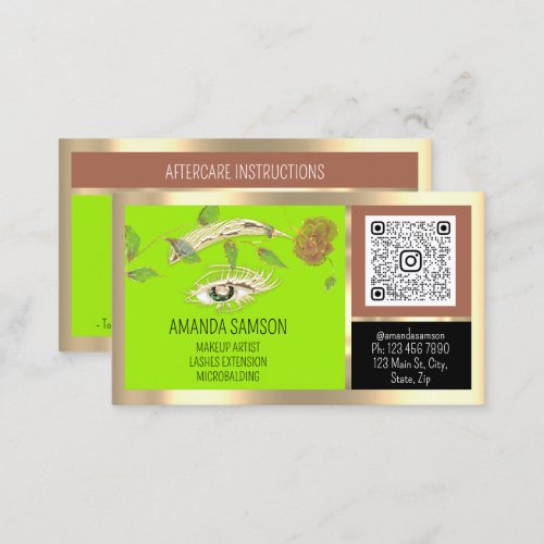 Eyelash Microblade QRCODE Aftercare Green Rose Business Card