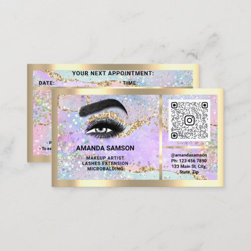 Eyelash Microblade QRCODE Aftercare Pink Holograph Business Card