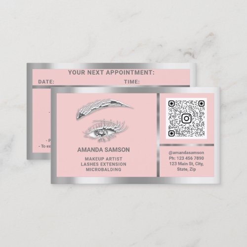 Eyelash Microblade QRCODE Aftercare Pink Silver  Business Card
