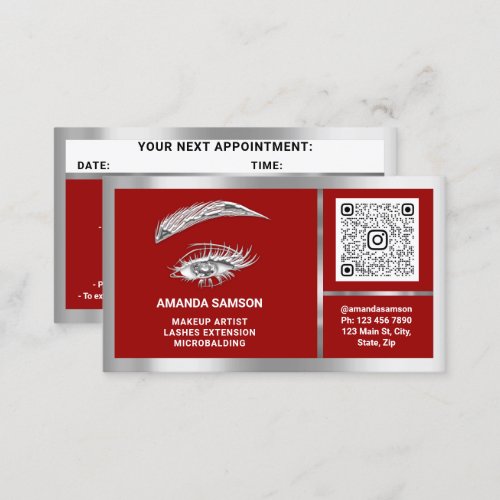 Eyelash Microblade QRCODE Aftercare Red Silver Business Card