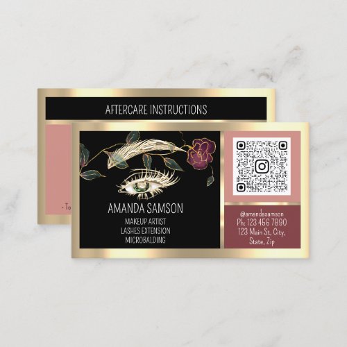 Eyelash Microblade QRCODE Aftercare Rose Black Business Card