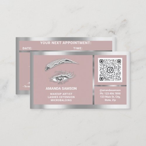 Eyelash Microblade QRCODE Aftercare Rose Silver Business Card