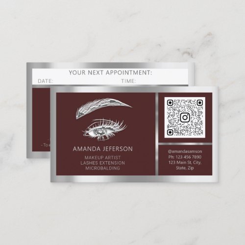 Eyelash Microblade QRCODE Aftercare Silver Burgndy Business Card