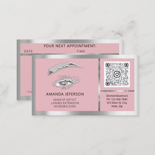 Eyelash Microblade QRCODE Aftercare Silver Pink Business Card