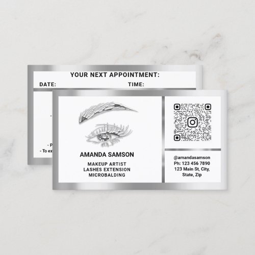 Eyelash Microblade QRCODE Aftercare Silver White Business Card