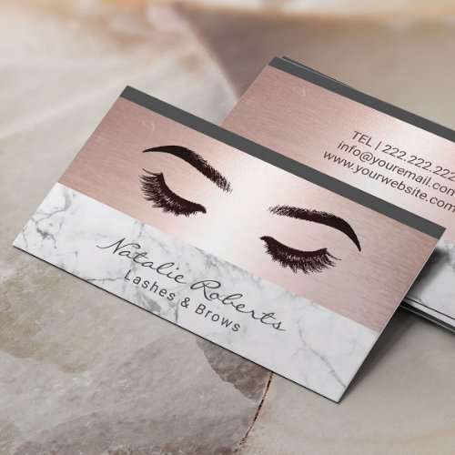 Eyelash Rose Gold Border Marble Beauty Salon Business Card