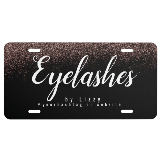Eyelash Salon Business Glitter Pink Clean Script License Plate (Front)