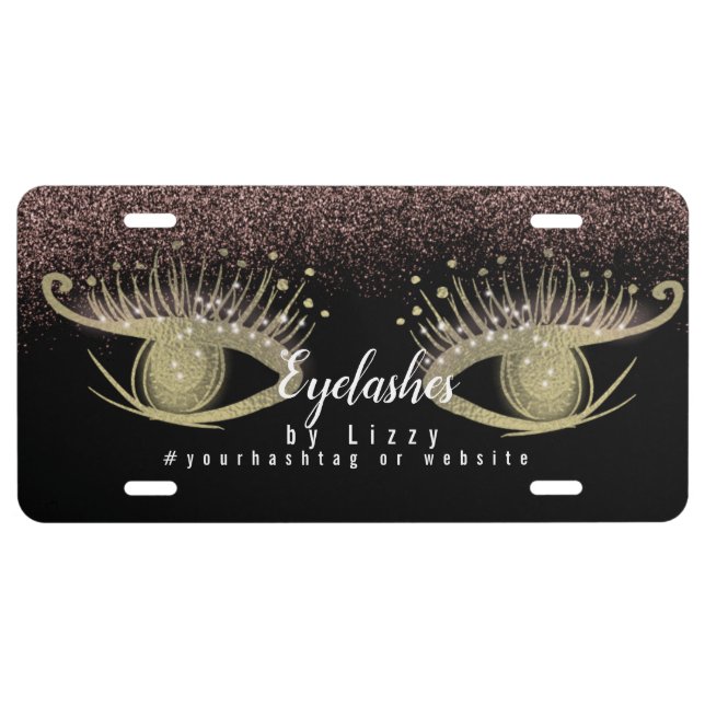 Eyelash Salon Business Glitter Pink Gold License Plate (Front)