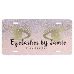 Eyelash Salon Business Glitter Pink Gold Script License Plate