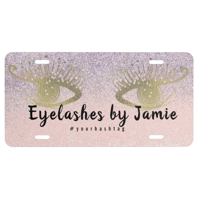 Eyelash Salon Business Glitter Pink Gold Script License Plate (Front)