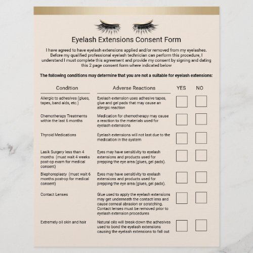 Eyelash Salon Liability Waiver Gold Border Flyer