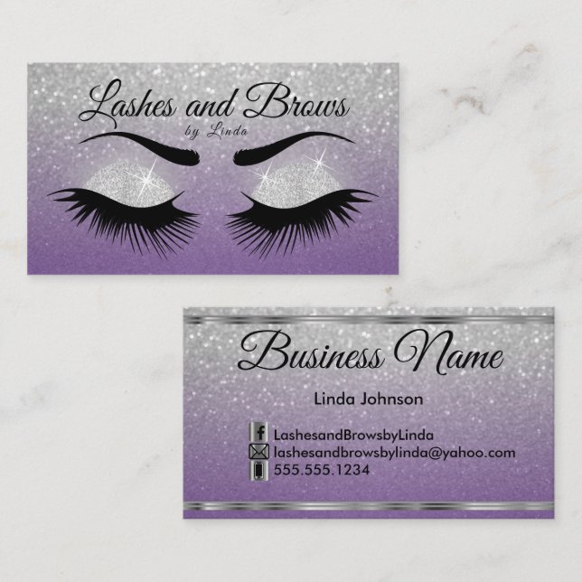 Eyelashes and Brows - Purple and Silver Glitter Business Card (Front/Back)
