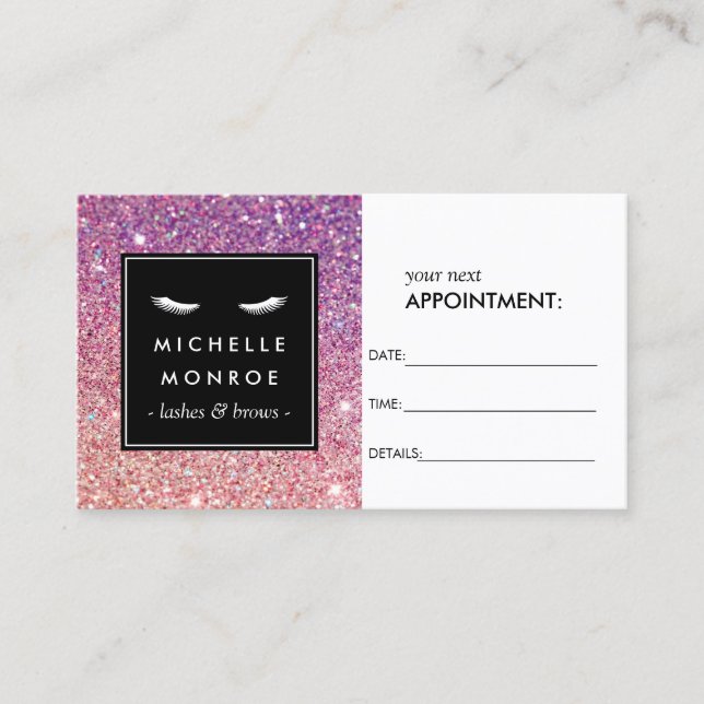 Eyelashes and Purple/Pink Glitter Appointment Card (Front)