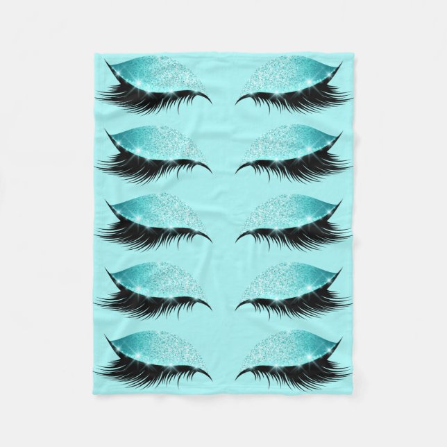 Eyelashes Aqua Blue Glitter Makeup Girly Fleece Blanket (Front)