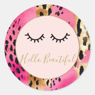 Eyelashes Girly Pink Glam Black Gold Leopard Classic Round Sticker