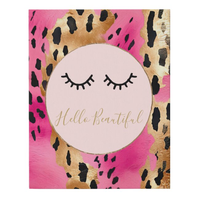Eyelashes Girly Pink Glam Black Gold Leopard Faux Canvas Print (Front)