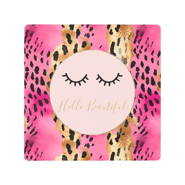 Eyelashes Girly Pink Glam Black Gold Leopard Metal Print (Front)