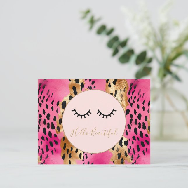 Eyelashes Girly Pink Glam Black Gold Leopard Postcard (Standing Front)