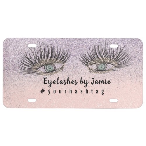 Eyelashes Hand Drawn Salon Business Glitter  License Plate