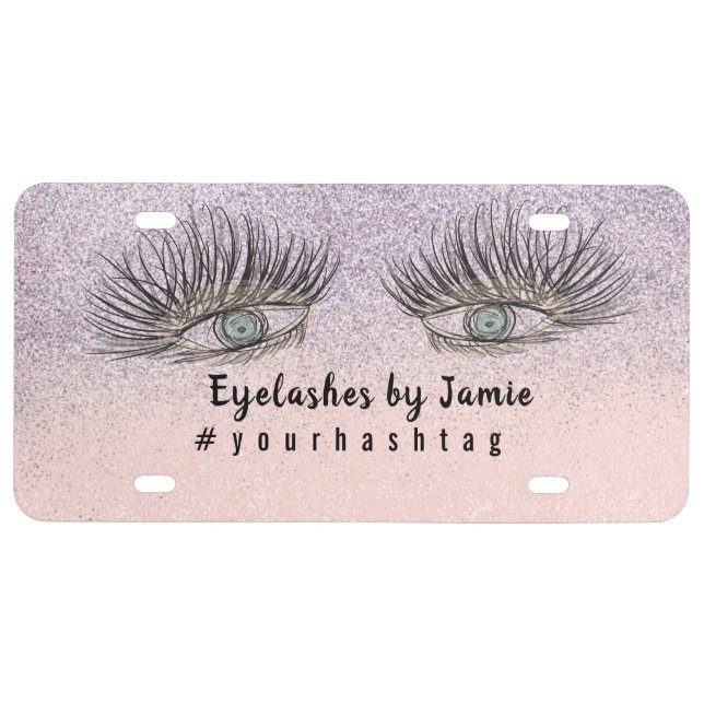 Eyelashes Hand Drawn Salon Business Glitter  License Plate (Front)
