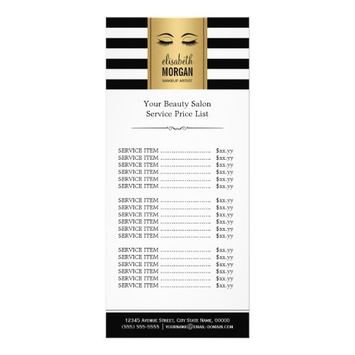 Eyelashes Logo Gold Black White Stripes Price List Rack Card