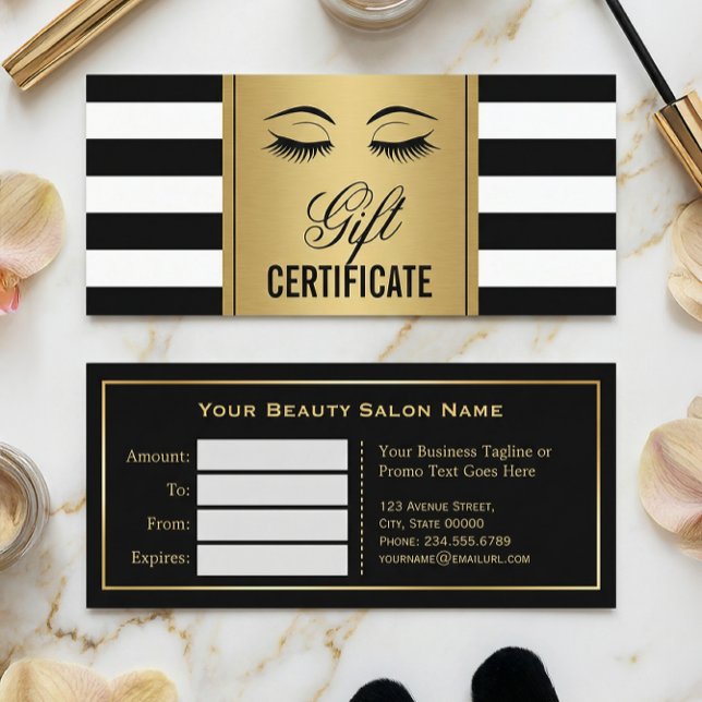 Eyelashes Makeup Gift Certificate Gold B&W Stripes (Creator Uploaded)