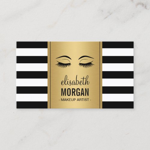 Eyelashes Makeup Logo Gold Black White Stripes Business Card