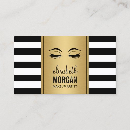 Customizable Eyelashes Makeup Logo Gold Black White Stripes Business Card