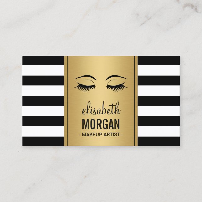 Eyelashes Makeup Logo Gold Black White Stripes Business Card (Front)