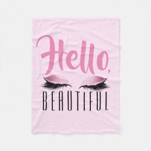 Eyelashes Makeup Pink Hello Beautiful Fleece Blanket