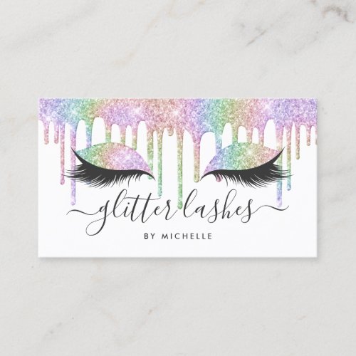 Eyelashes white holographic unicorn glitter drips business card
