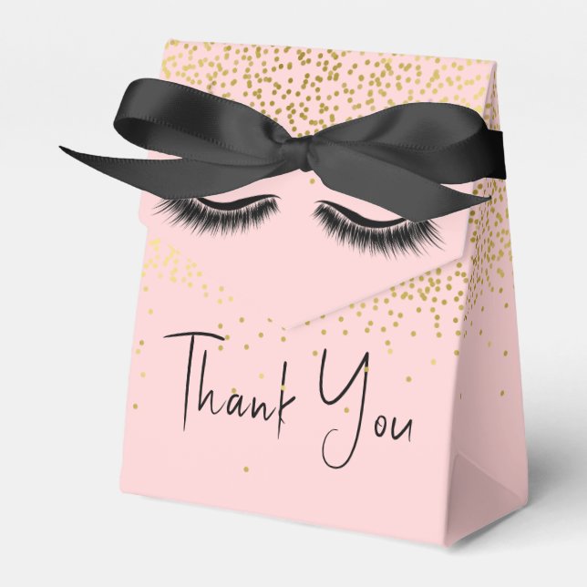 Eyelashes with Gold Glitter on Pink Favor Boxes (Front Side)