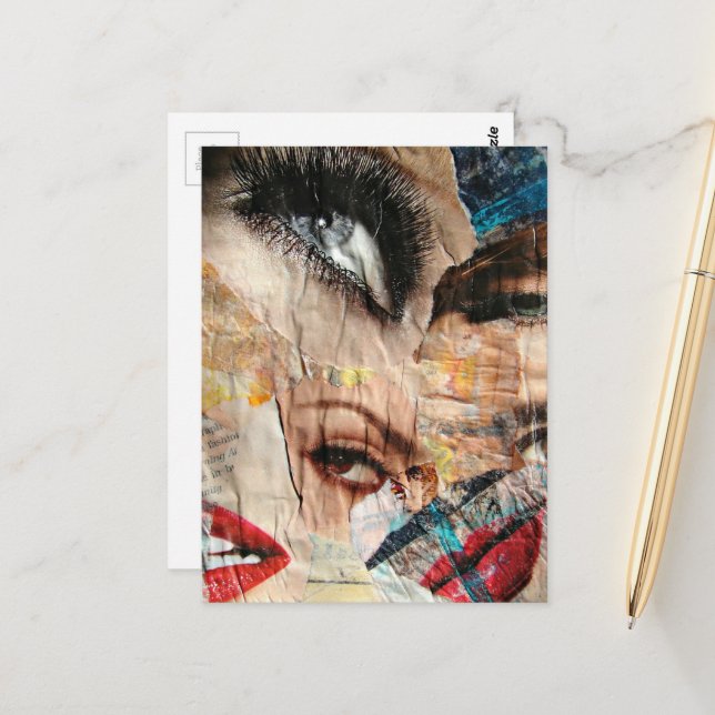 Eyes and Lip Fashion Abstract Mixed Media Collage  Postcard (Front/Back In Situ)