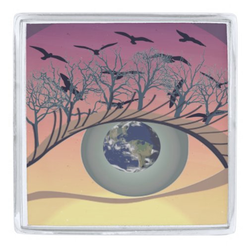 Eyes on the world earth and environment climate   silver finish lapel pin