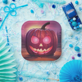 Eyes that glow pink jack-o'-lantern paper plates