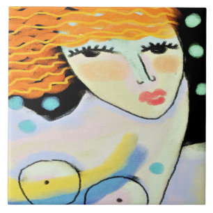 Eyes Wide Open Abstract Digital Portrait of Woman Ceramic Tile