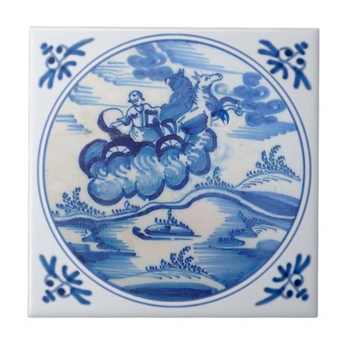 Ezekial Flaming Chariot Biblical Delft Blue 1700s Ceramic Tile