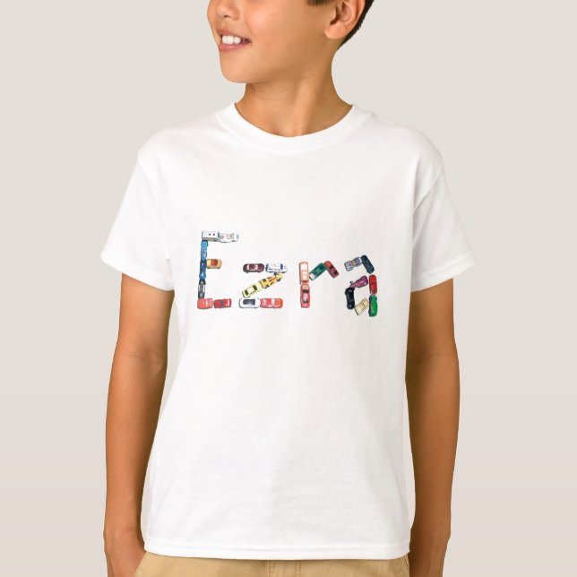 Ezra in Race Cars T-Shirt (Front)