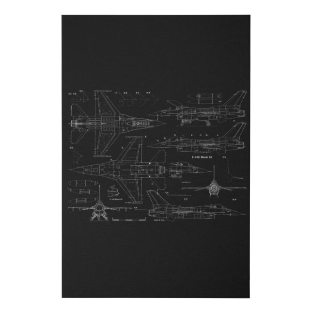 F16 Jet Aircraft Fighter Jet Blueprint Design Faux Canvas Print (Front)