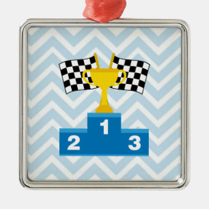 F1 Car Racing Flags Trophy and Ranking on Chevron Metal Ornament