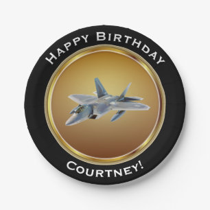 F22 Raptor on Faux Gold Happy Birthday with Name Paper Plates