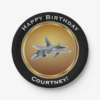 F22 Raptor On Faux Gold Happy Birthday With Name Paper Plates by RewStudio at Zazzle