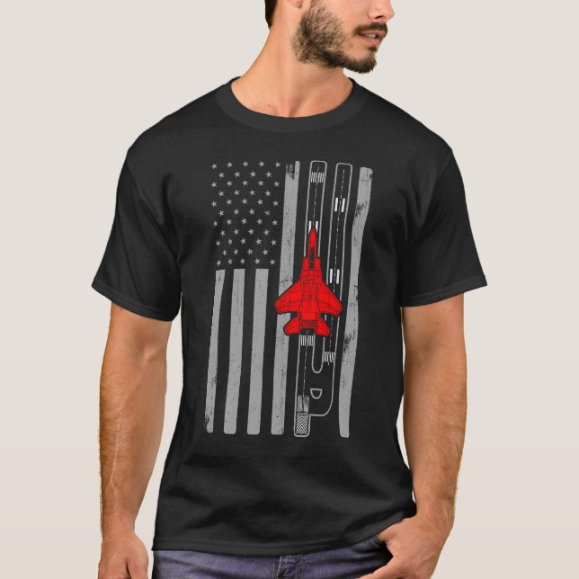 F-15 Eagle Fighter Jet American Flag Runway F15 T-Shirt (Front)