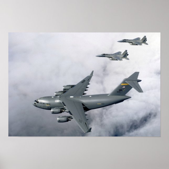 F-15B Eagles escort the first Hawaii-based C-17 Poster (Front)